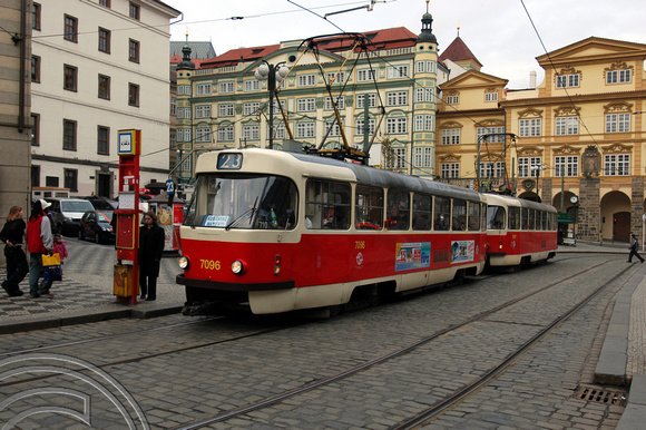FDG1710.Tram 7096. Malostranski  Namesti. Prague. Czech Republic. 28.12.04.