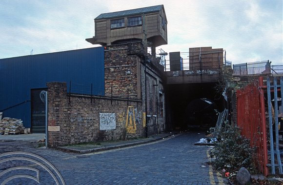 11602. In Pedley St looking up at and old wagon lift in Shoreditch good depot. 02.12.2002