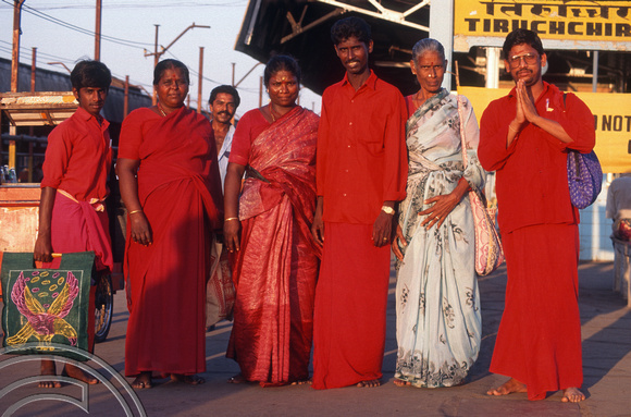 T6563. Pilgrims at the railway station. Trichy. Tamil Nadu India. January 1998