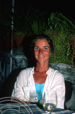 T6591. Lynn in a French restaurant. Pondicherry. Tamil Nadu India. 29th January 1998