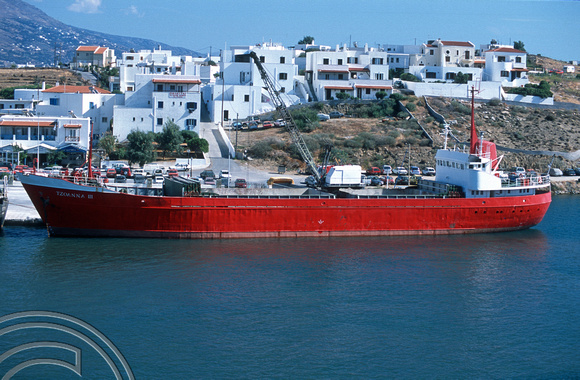 T14297. Cargo ship Tzoanna 3 (Piraeus) at the harbour. Batsi. Andros. Cyclades. Greece. 27.9.02