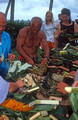 T9155. Laying out the cooked food. Rarotonga. Cook Islands. March 1999