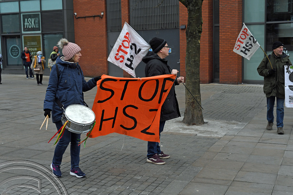 DG365027. Tiny anti HS2 demonstration. Piccadilly Gardens. Manchester. 24.1.2022.