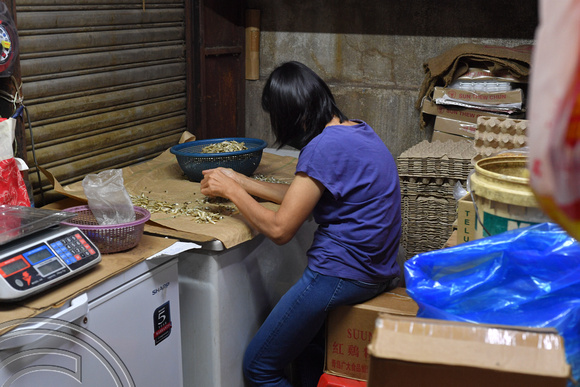 DG386990. Sorting dried fish. Jalan Hang Lekir. Chinatown. Kuala Lumpur. Malaysia. 16.1.2023.