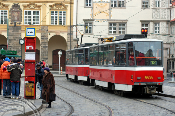FDG1709.Tram 8638. Malostranski  Namesti. Prague. Czech Republic. 28.12.04.