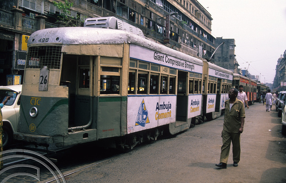 T6763. Tram 498. stuck. Calcutta. W Bengal. India. 1998.
