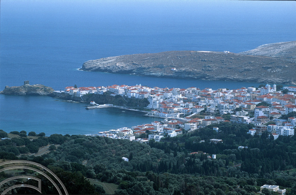 T14266. Looking down onto the town. Andros. Cyclades. Greece. 25.9.02