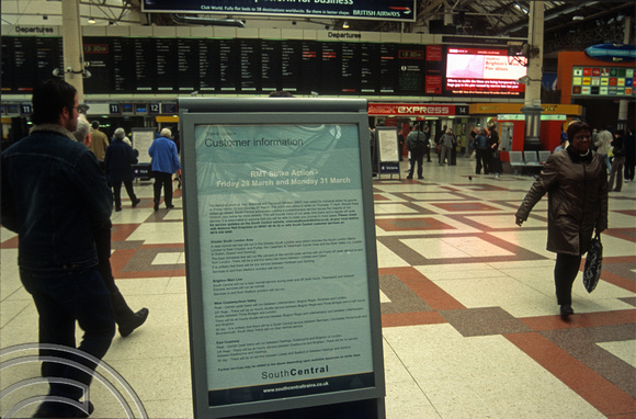 12021. Poster warning passengers of RMT strike days. Victoria. 28.03.03