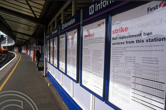 11093. FNW strike and cancellation posters. Manchester Piccadilly. Manchester. 7.10.02.