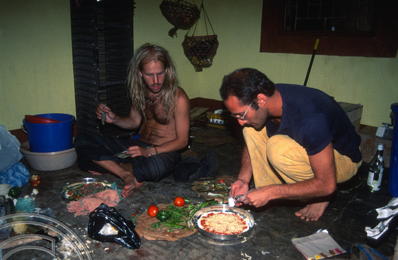 T6041. Rob making pizza at Axel and Lucie's place. Arambol. Goa. India. December 1997