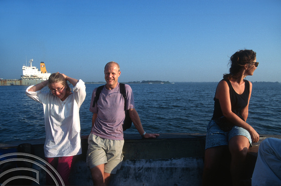 T6303. John, Helen and Lynn on the local ferry to Ernakulam. Cochin. Kerala. India. December.1997