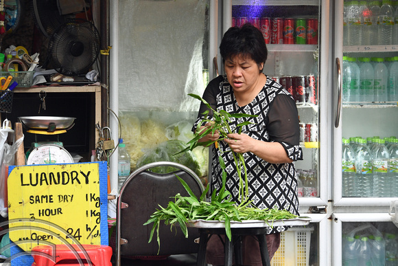 DG262446. Woman cutting Morning Glory in a street food stall. Rambutri. Bangkok. Thailand. 10.1.17