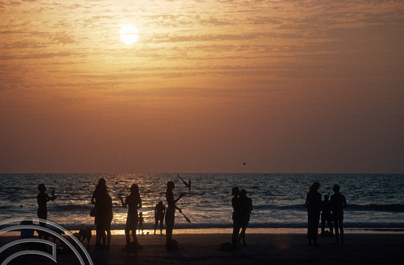 T4506. Juggling practice at Sunset. Arambol. Goa. India. December 1993.