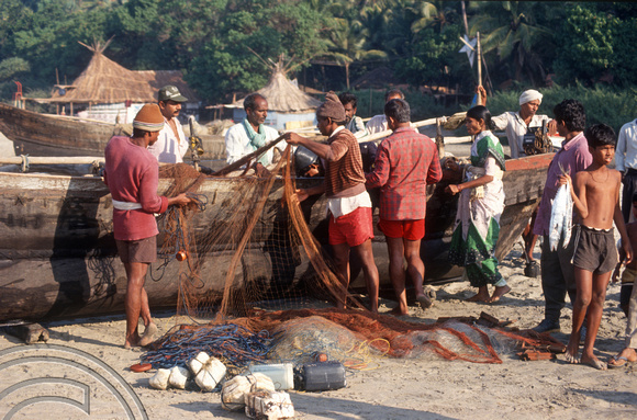 T4517. Unloading the catch from a fishing boat. Arambol. Goa. India. December 1993.