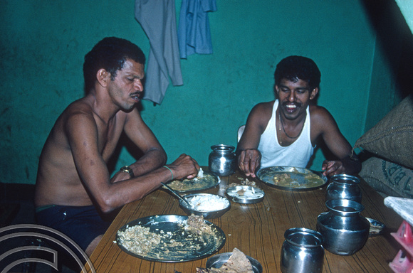 T4566. Eating with Umesh and Suhas. Arambol. Goa. India. 31st December 1993.