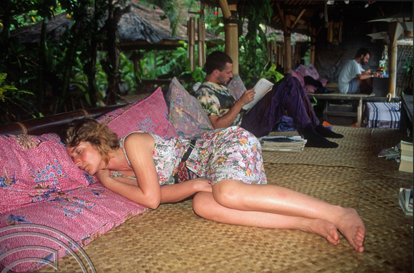 T4749. Lynn asleep at Kabuku after a long flight. Ubud. Bali. Indonesia. 10th December1994