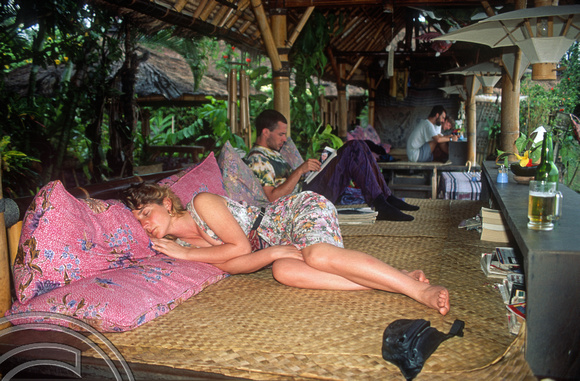 T4750. Lynn asleep at Kabuku after a long flight. Ubud. Bali. Indonesia. 10th December1994