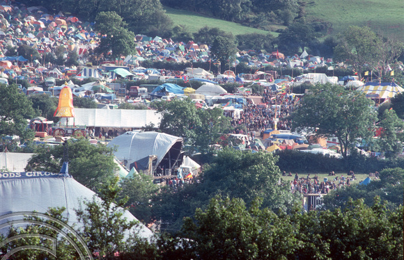 T02762. View of the site. Glastonbury festival. June 1990