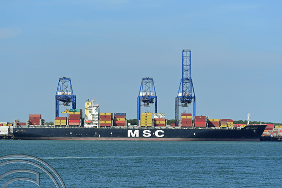 DG349911. Container ship. MSC Soraya. 73262dwt. Built 2008. Felixtowe Port. Suffolk. England. 8.6.2021.
