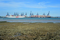 DG349898. Container ships in Felixtowe Port. Suffolk. England. 8.6.2021.