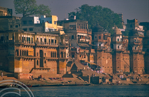 T6825. The Ghats at dawn from the Ganges. Varanasi. Uttar Pradesh. India. Frebruary 1998