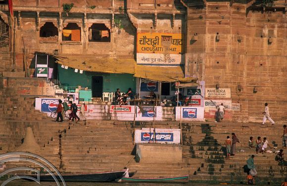 T6827. The Ghats at dawn from the Ganges. Varanasi. Uttar Pradesh. India. Frebruary 1998