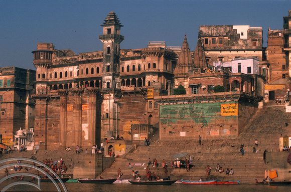 T6828. The Ghats at dawn from the Ganges. Varanasi. Uttar Pradesh. India. Frebruary 1998