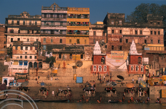 T6829. The Ghats in the early morning from the Ganges. Varanasi. Uttar Pradesh. India. Frebruary 1998