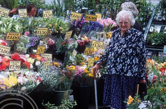 T15646. Woman shopping for flowers. Kings Lynn. Norfolk. England. 23rd August 2003