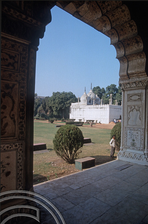 T04183. Pearl Mosque seen from the Hall of Audiences. The Red Fort. Delhi. India. December 1993