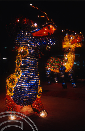 T015731. Illuminated statue made from medicine bottles. Singapore. 7th September 2003