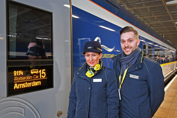 DG289706. Crew of train 9114, the press trip to   Amsterdam. St Pancras International. 20.2.18