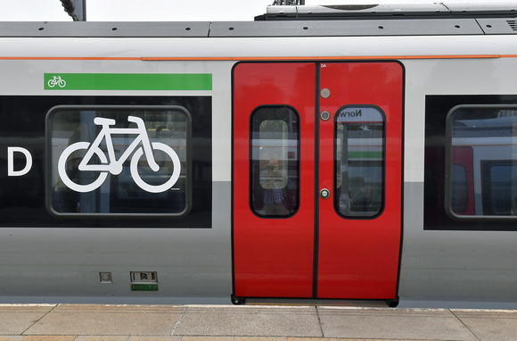 DG403609. Bicycle signage on a Class 755. Norwich. 28.9.2023.