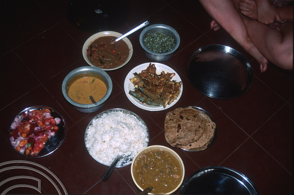 T6005. Home cooked Goan food. Chicken Xacuti, prawns and fish. Mapusa. India. December 1997. jpg