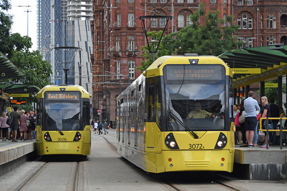 DG301816. Trams 3028 and 3072. St Peter's Square. Manchester. 9.7.18