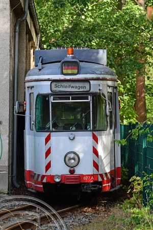 DG308644. Tram 677 at the depot. Rüdersdorf tramway. Germany. 17.9.18