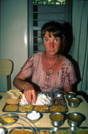 T6642. Lynn eating a Thali. Mahabalipuram. Tamil Nadu. India. February 1998