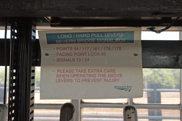 DG301211. Lever pull warning. Severn Bridge Jn signalbox. Shrewsbury. 28.6.18