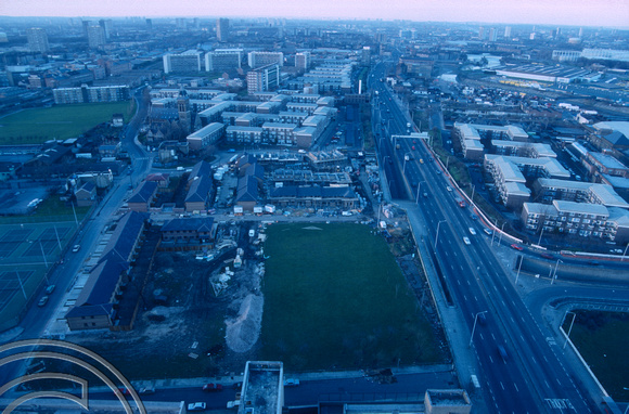R0003. Looking across the Teviot estate from atop Balfron Tower. Tower Hamlets. London. February 1990