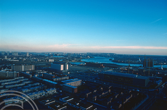 R0002. Looking East along the Thames from atop Balfron Tower. Tower Hamlets. London. February 1990