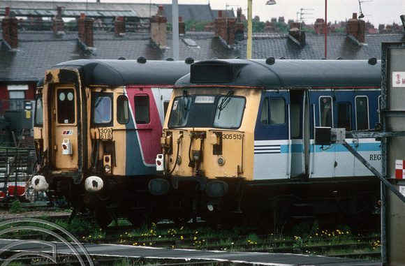 04956. 309618. 305513. Stored in the carriage sidings. Blackpool North.19.6.95