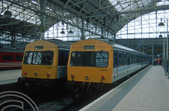 7614. 51189. 54085 and 53211. unit 657 on 13.08 to Rose Hill Marple. Manchester Piccadilly. 12.4.2000