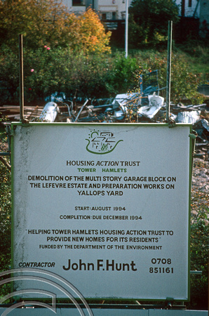 R0094. Hat demolition sign. Lefevere estate. Bow. London. October 1994