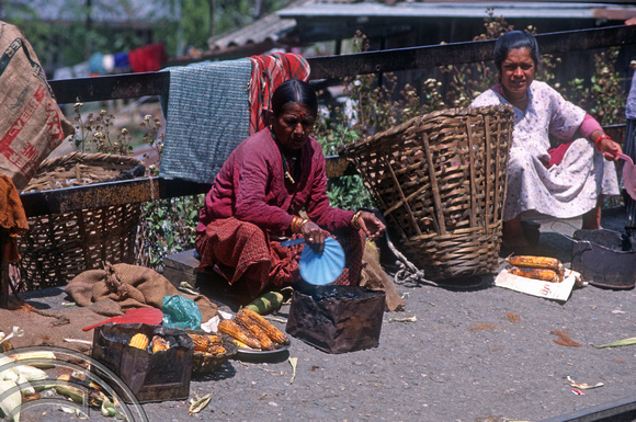 T6974. Woman selling cooked corn on the cob. Darjeeling. West Bengal. India. April.1998.