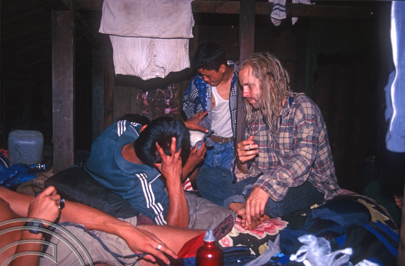 T7077. Night at the lodge. Chorkot. Gorkha district. Nepal. April.1998.
