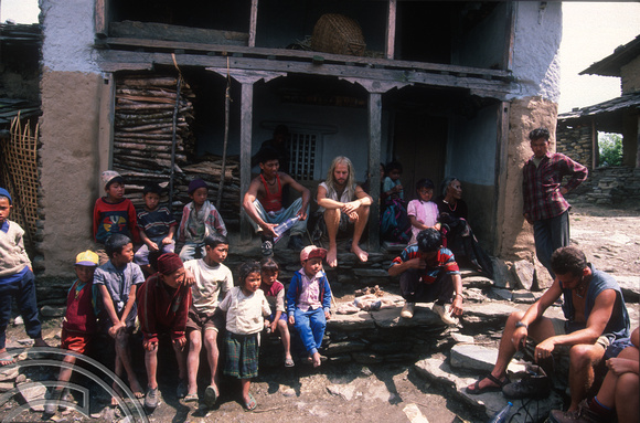 T7107. The group arrives in Barpak. Gorkha district. Nepal. April.1998.