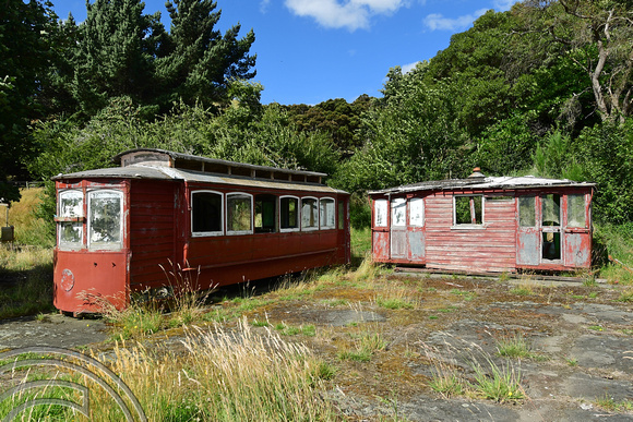 DG317182. Old tram bodies. Portobello Rd. Otago peninsular. Dunedin. South Island. New Zealand. 21.1.19