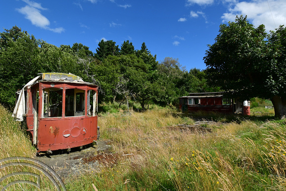 DG317185. Old tram bodies. Portobello Rd. Otago peninsular. Dunedin. South Island. New Zealand. 21.1.19