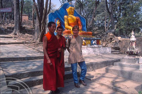 T03323. Paul with monks at the Monkey Temple. Kathmandu Valley. Nepal. 17th March 1992