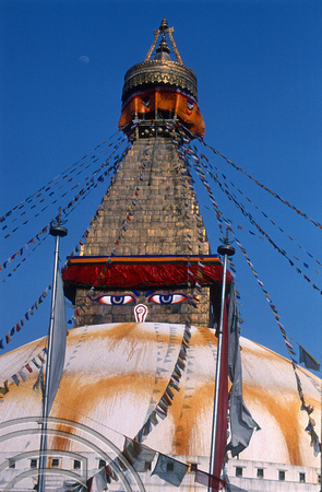 T03311. Stupa and moon. Bodnath. Kathmandu Valley. Nepal. 14th March 1992